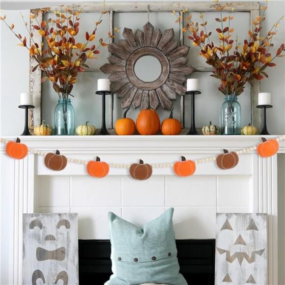 New‎ Fall Pumpkin Garland & Wood Bead Decor - Indoor Banner for Mantle & Wall - Picture 4 of 7